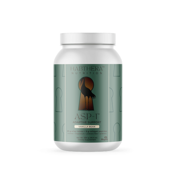 Habthera Nutrition ASP-1™ Adaptive Support Powder in Vanilla Bean flavor supplement container on a white background.