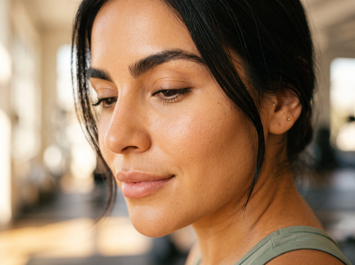 Close-up of healthy, radiant skin on a woman's cheek and jaw — collagen peptides and zinc for skin elasticity during GLP-1 weight loss
