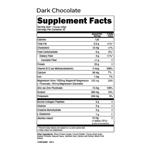 ASP-1 Dark Chocolate supplement facts — 25 g protein, 5 g bovine collagen peptides, 3 g creatine monohydrate and 1000 mg Magtein magnesium L-threonate