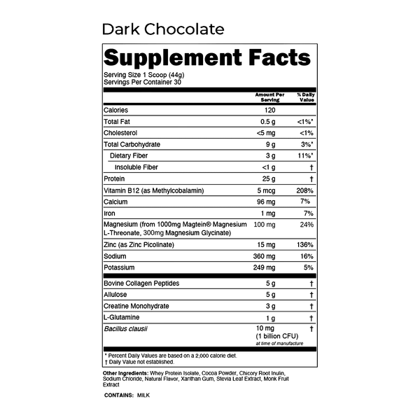 ASP-1 Dark Chocolate supplement facts — 25 g protein, 5 g bovine collagen peptides, 3 g creatine monohydrate and 1000 mg Magtein magnesium L-threonate