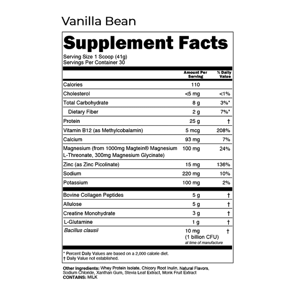 ASP-1 Vanilla Bean supplement facts — 25 g protein, 5 g bovine collagen peptides, 3 g creatine monohydrate and 1000 mg Magtein magnesium L-threonate